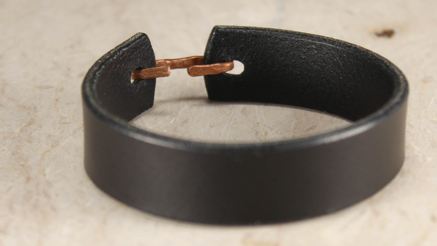 Black Vegtan Cuff -Hammered Copper Hook Closure