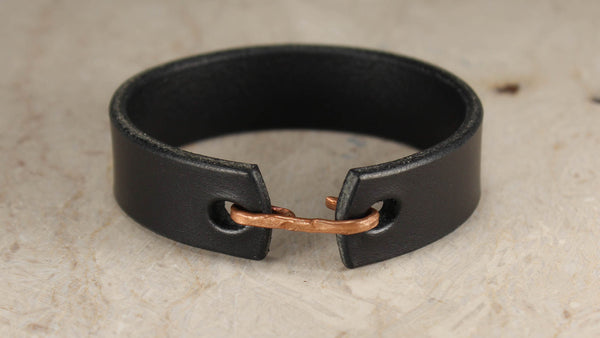 Black Vegtan Cuff -Hammered Copper Hook Closure